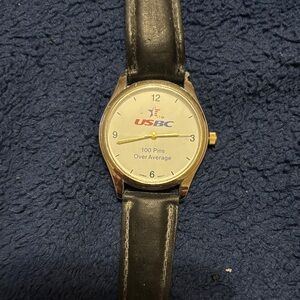 Silver- Tone Analog Watch with Black Leather Strap - Logo